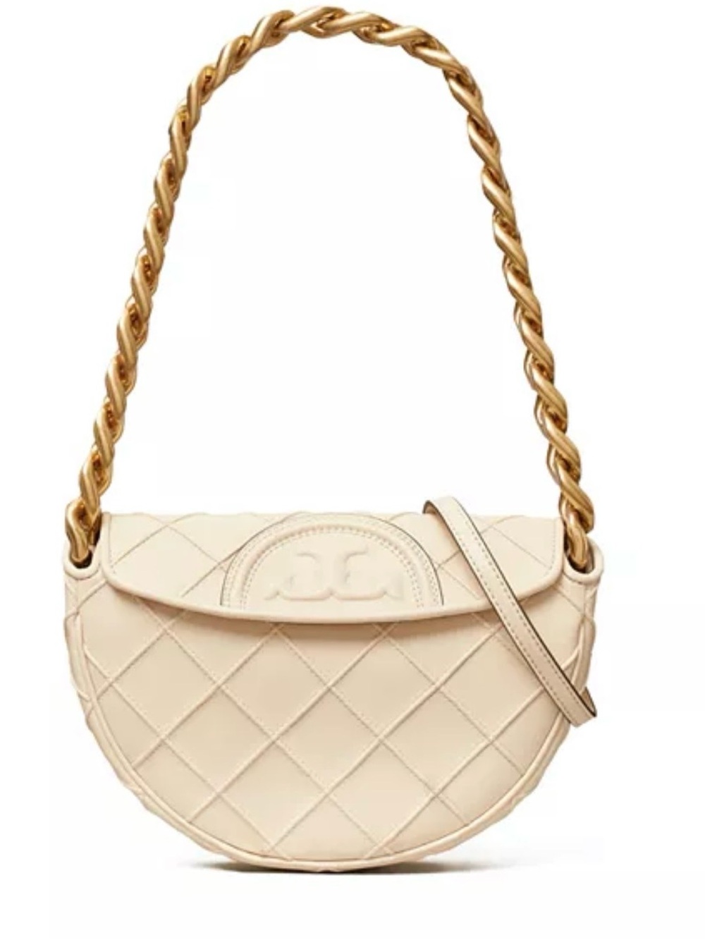 Tory Burch Mini Fleming Crescent Off-White Quilted Leather Bag with Gold Chain - Picture 2 of 9